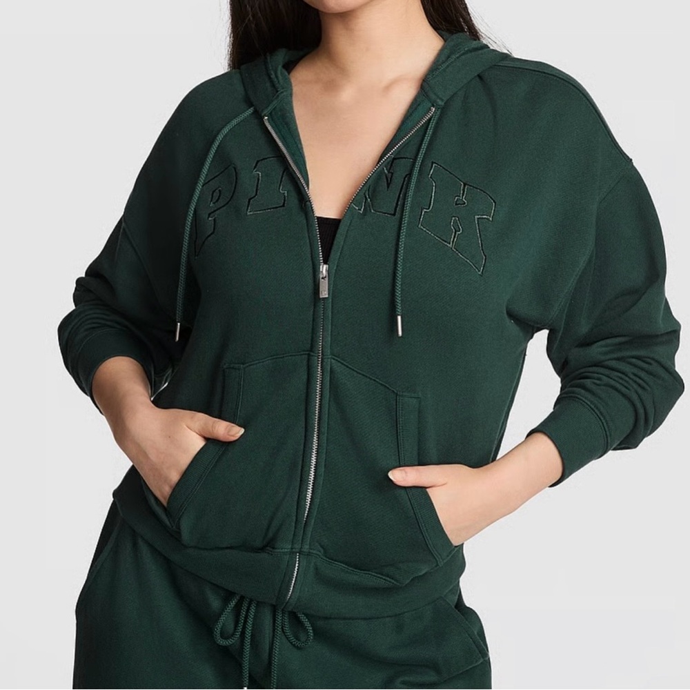 VS PINK NWT Deep Forest Ivy Fleece Campus Full-Zip Hoodie - Picture 5 of 7